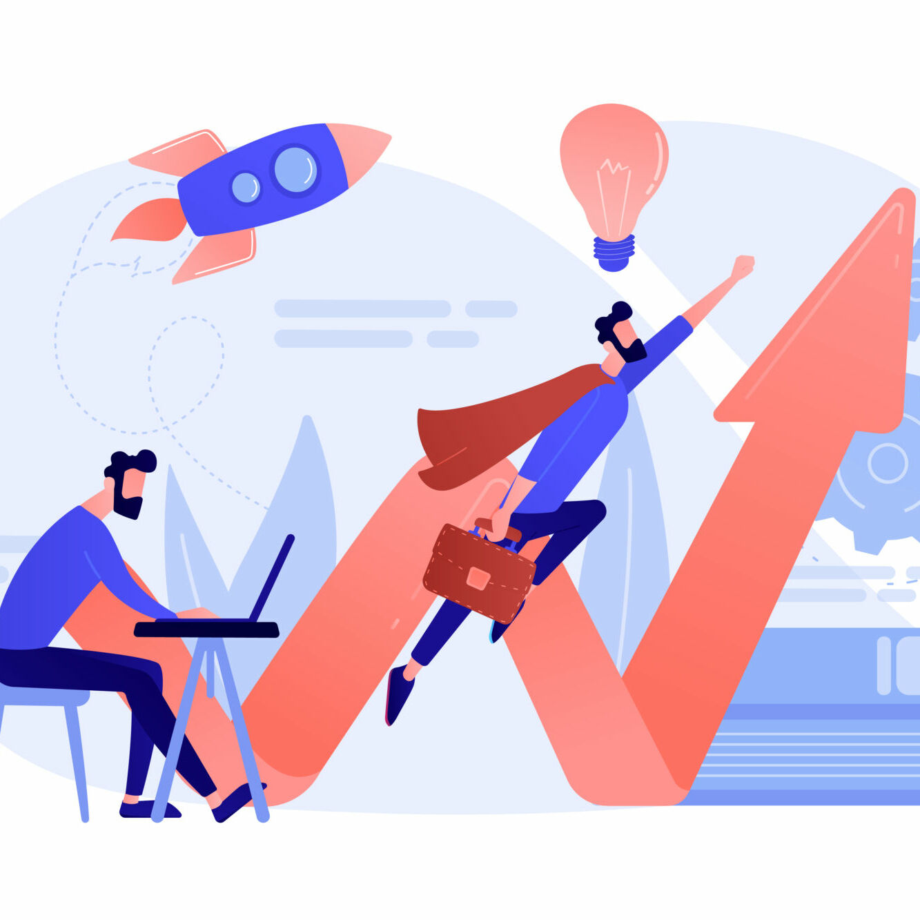 Businessman working and flying like superhero with briefcase. Start up launch, start up venture and entrepreneurship concept on white background. Pinkish coral blue vector isolated illustration